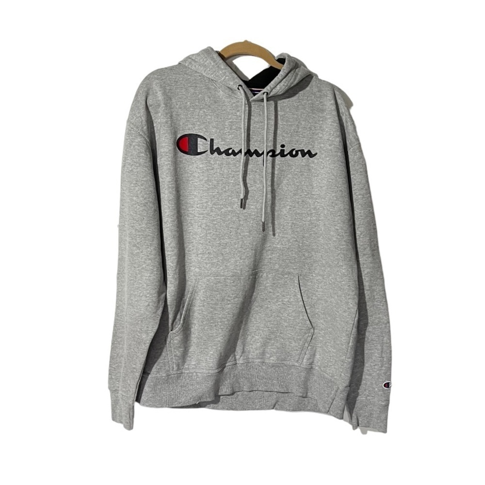Champion Hoodie Sweatshirt Gray Logo Spellout Size XL Retro Loungewear Cozy